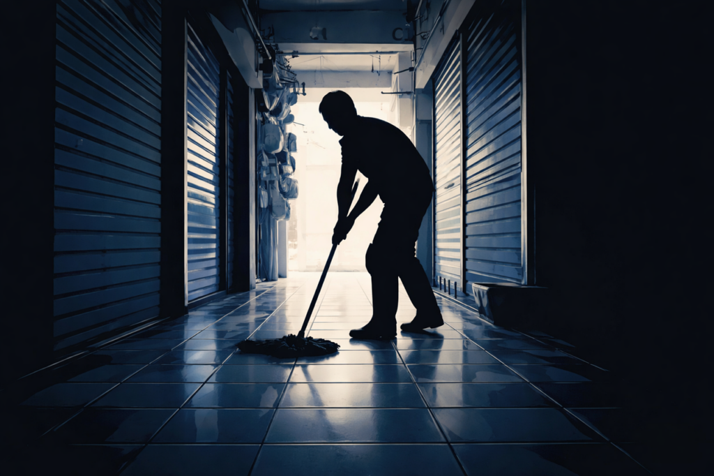 man, male, cleaning, janitor, worker, silhouette, hallway, indoor, floor cleaning, mop, maintenance, industrial, building, facility, tiles, interior, occupation, work, labor, hygiene, service, concept, vector flat, modern illustration, ai generated